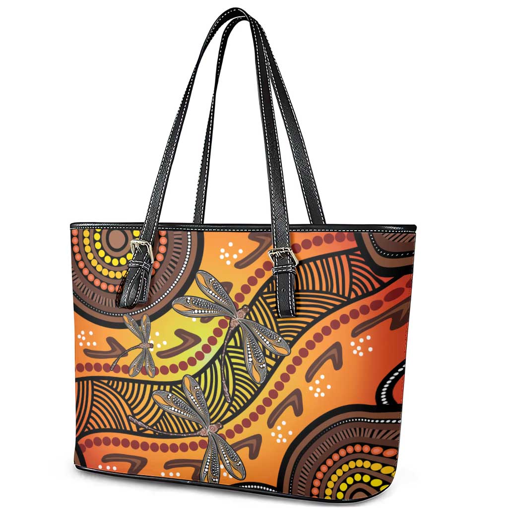 Australian Dragonfly Indigenous Art Leather Tote Bag