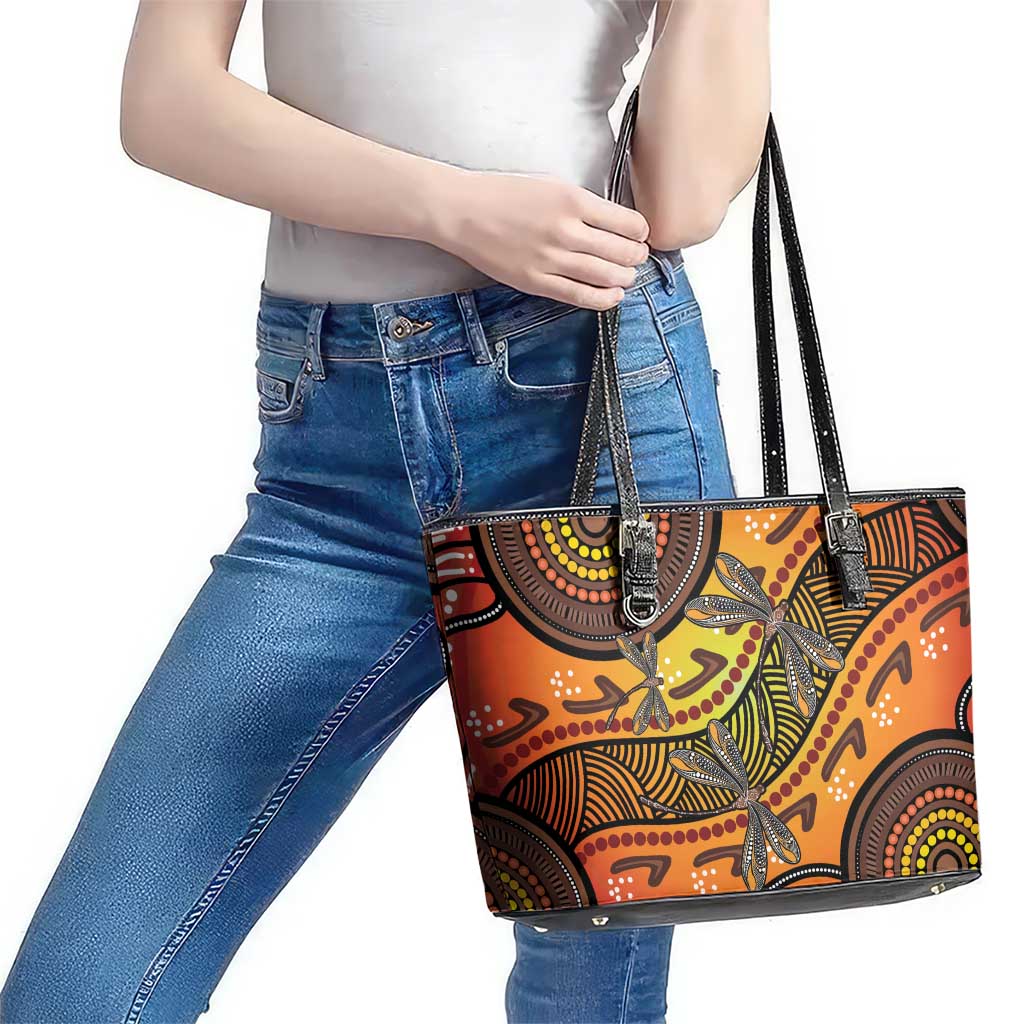 Australian Dragonfly Indigenous Art Leather Tote Bag