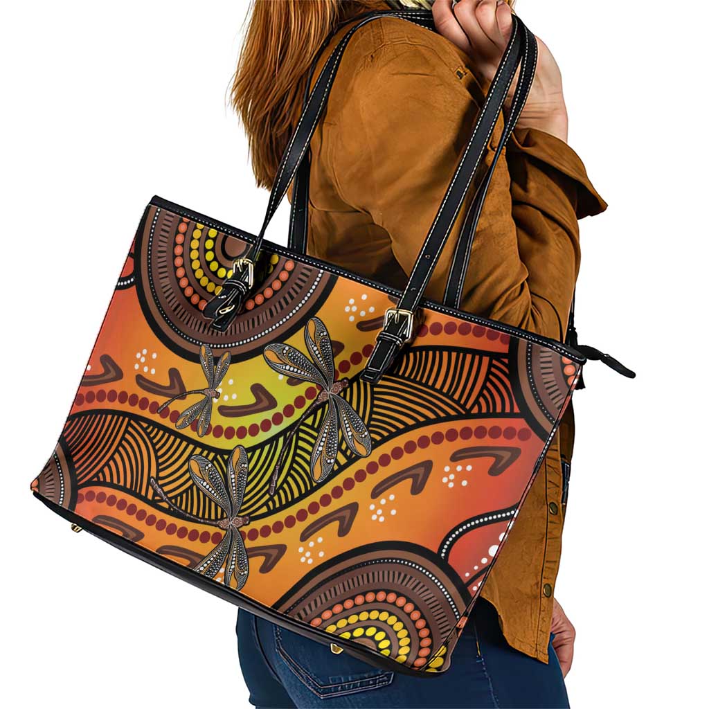 Australian Dragonfly Indigenous Art Leather Tote Bag