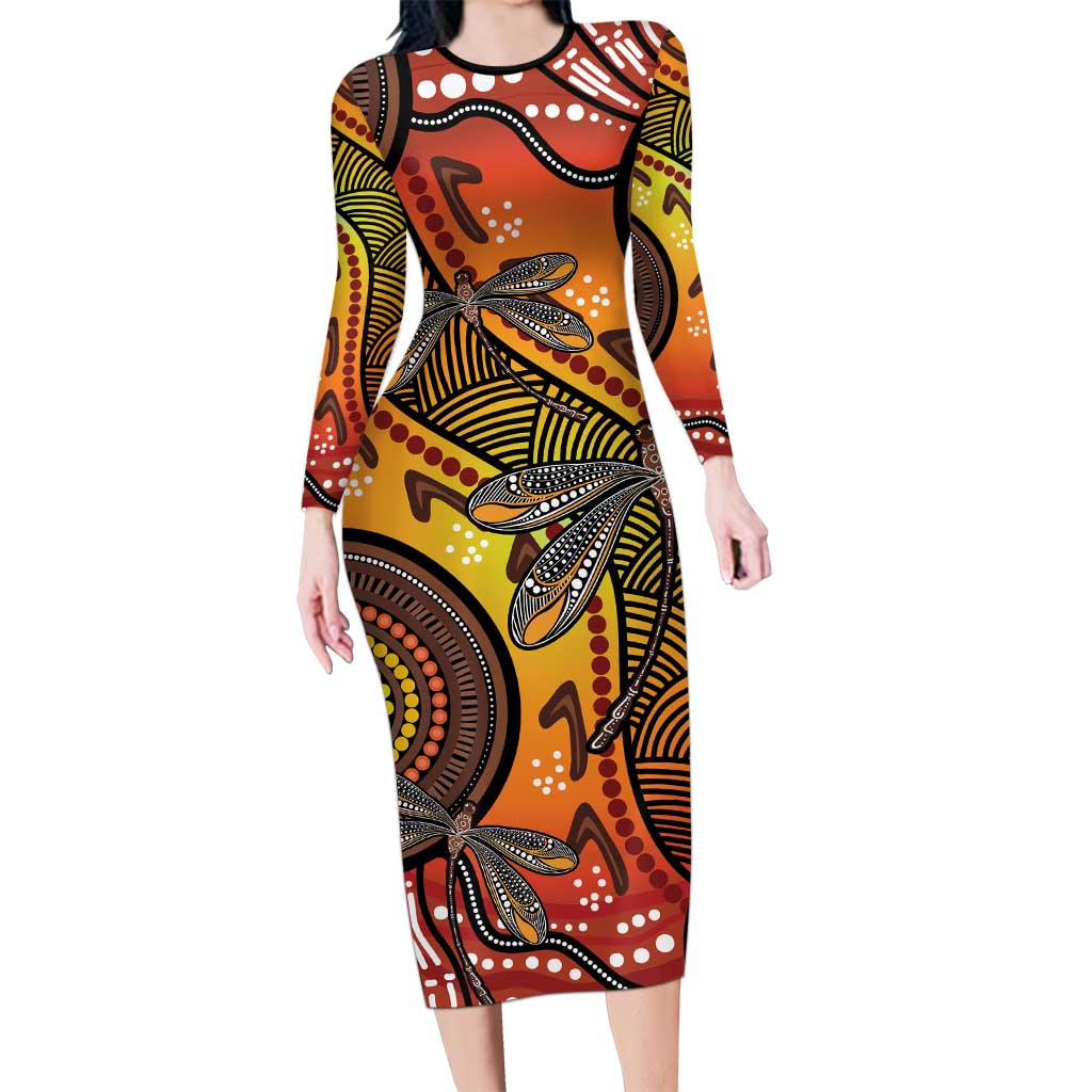 Australian Dragonfly Indigenous Art Long Sleeve Bodycon Dress