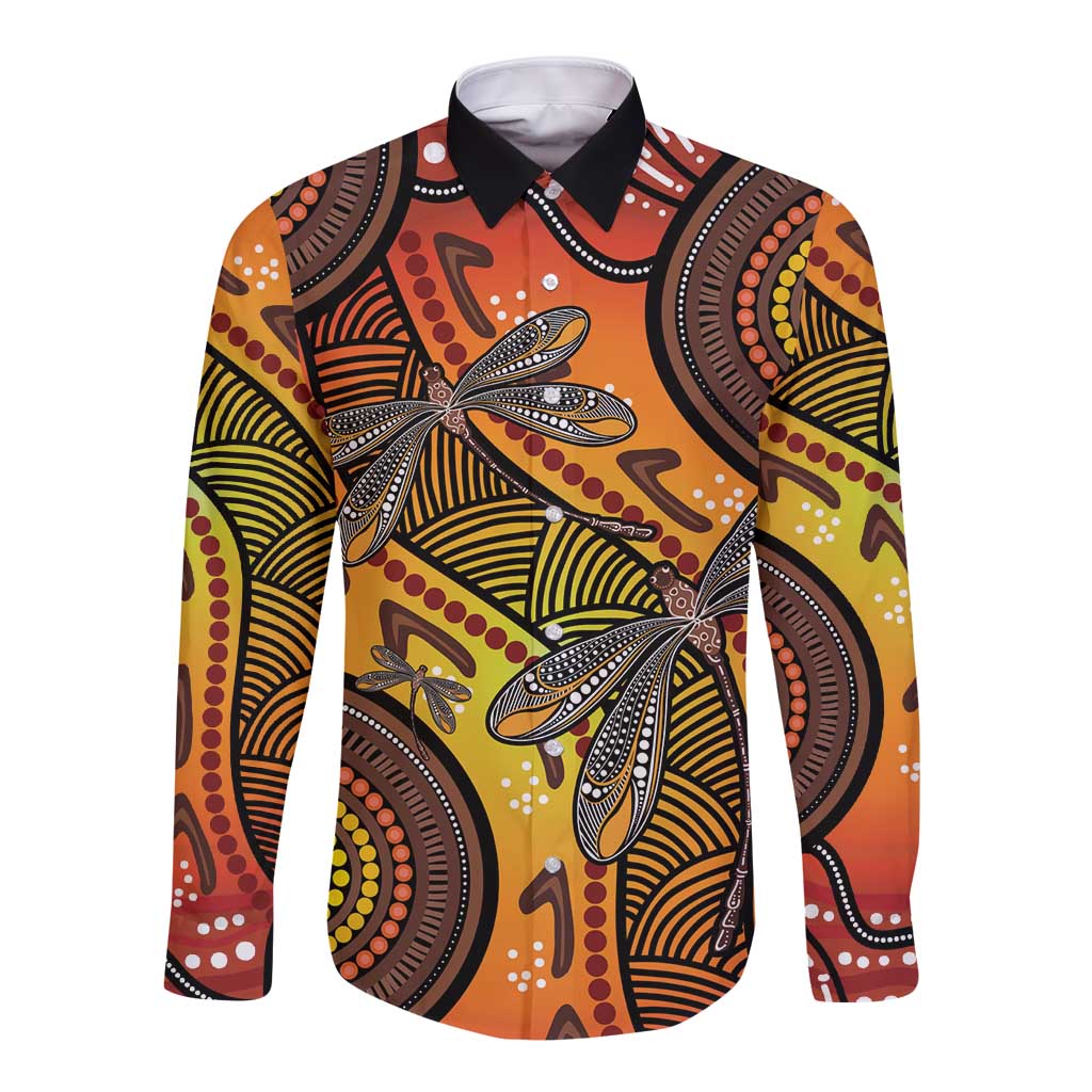 Australian Dragonfly Indigenous Art Long Sleeve Button Shirt