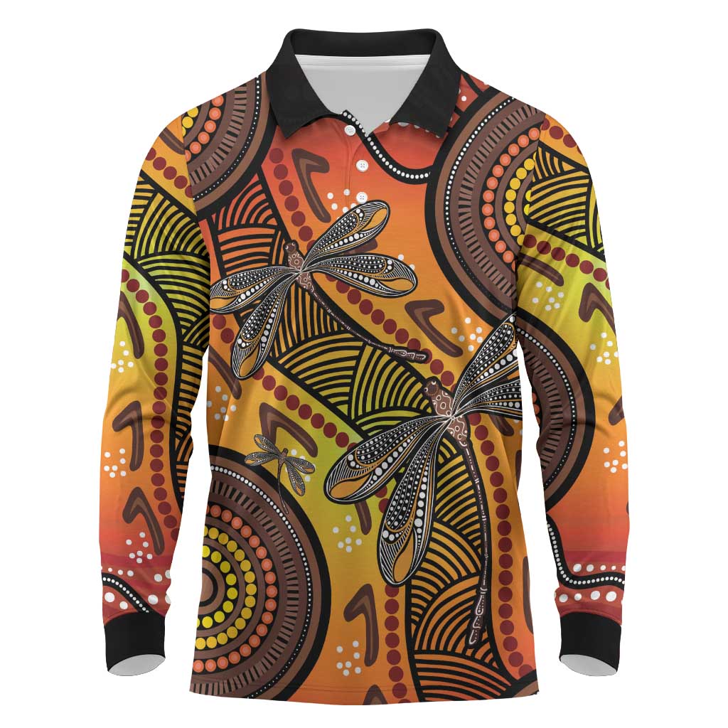 Australian Dragonfly Indigenous Art Long Sleeve Polo Shirt
