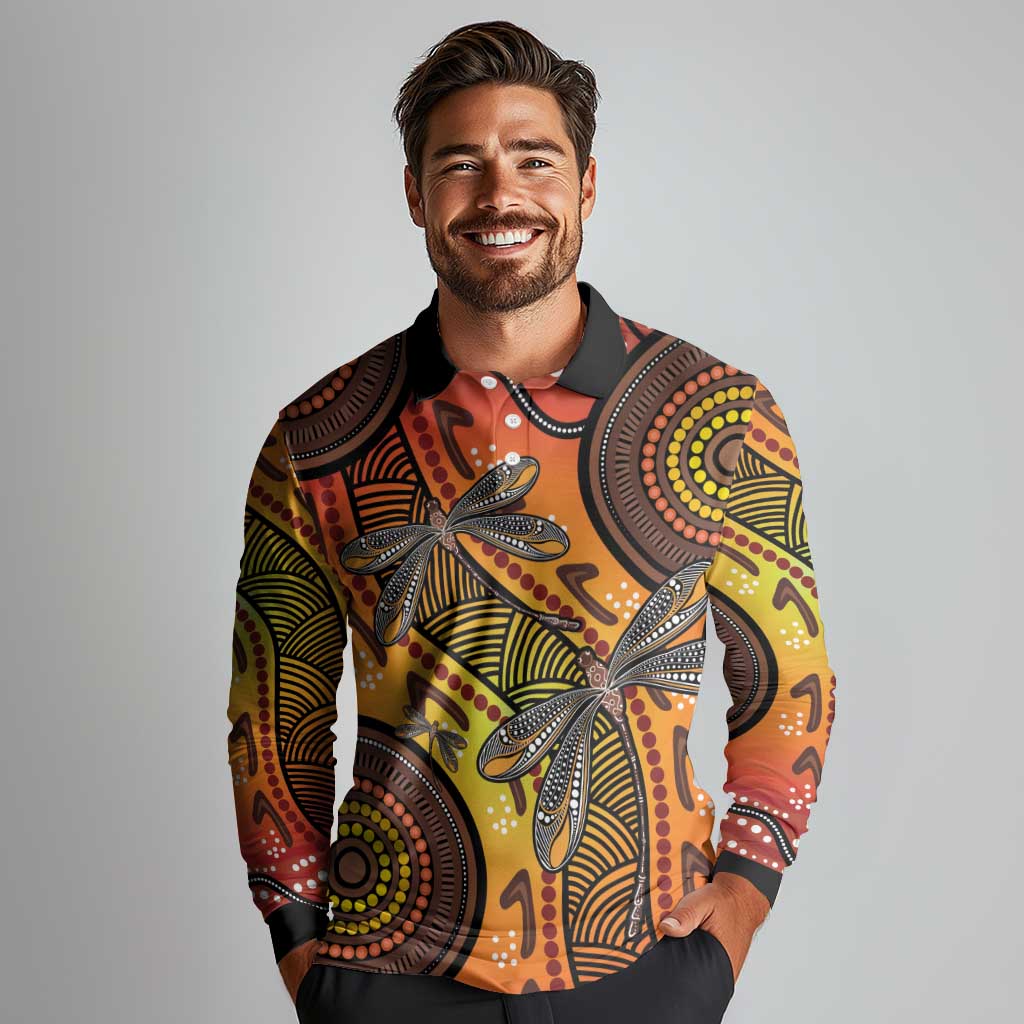 Australian Dragonfly Indigenous Art Long Sleeve Polo Shirt