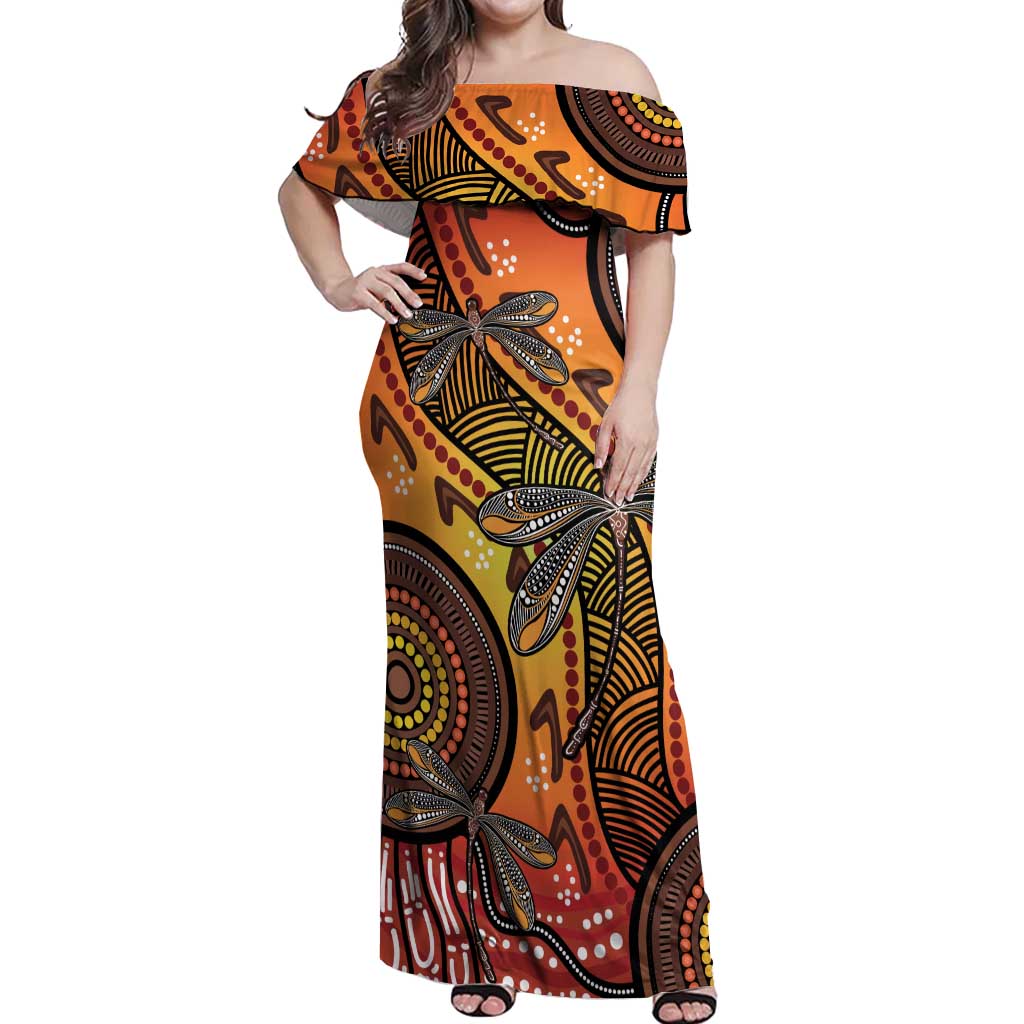 Australian Dragonfly Indigenous Art Off Shoulder Maxi Dress