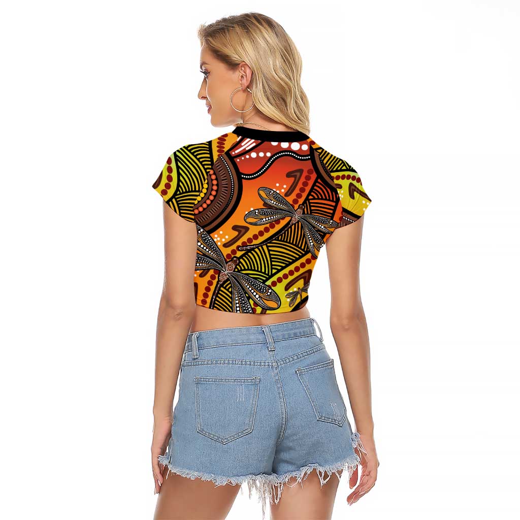 Australian Dragonfly Indigenous Art Raglan Cropped T Shirt