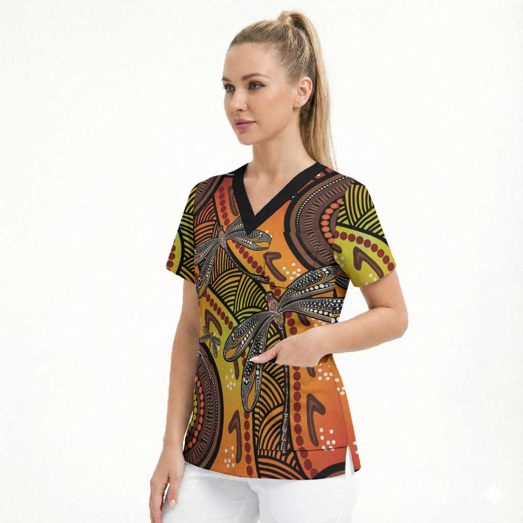 Australian Dragonfly Indigenous Art Scrub Top