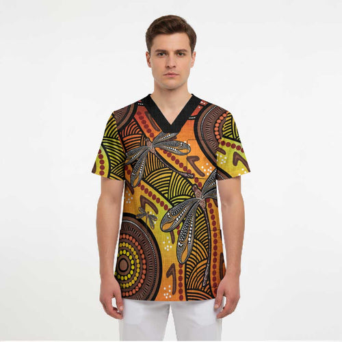 Australian Dragonfly Indigenous Art Scrub Top