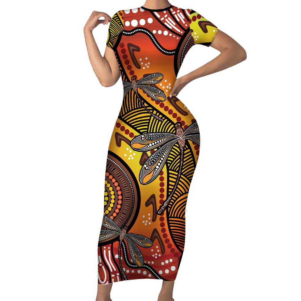 Australian Dragonfly Indigenous Art Short Sleeve Bodycon Dress