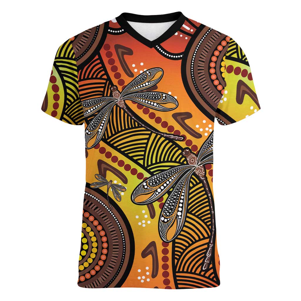 Australian Dragonfly Indigenous Art Women V-Neck T-Shirt