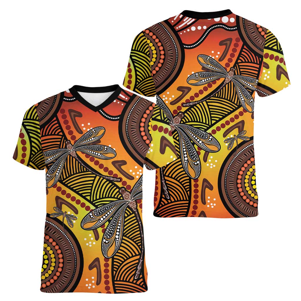Australian Dragonfly Indigenous Art Women V-Neck T-Shirt