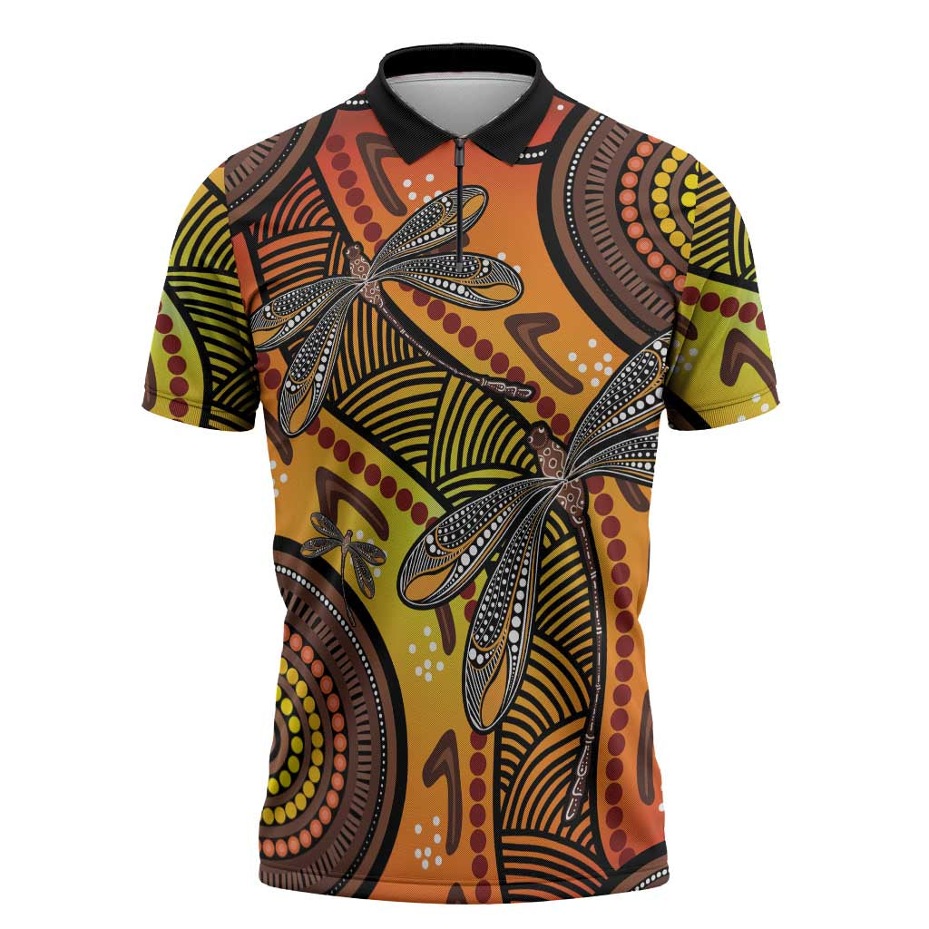 Australian Dragonfly Indigenous Art Zipper Polo Shirt