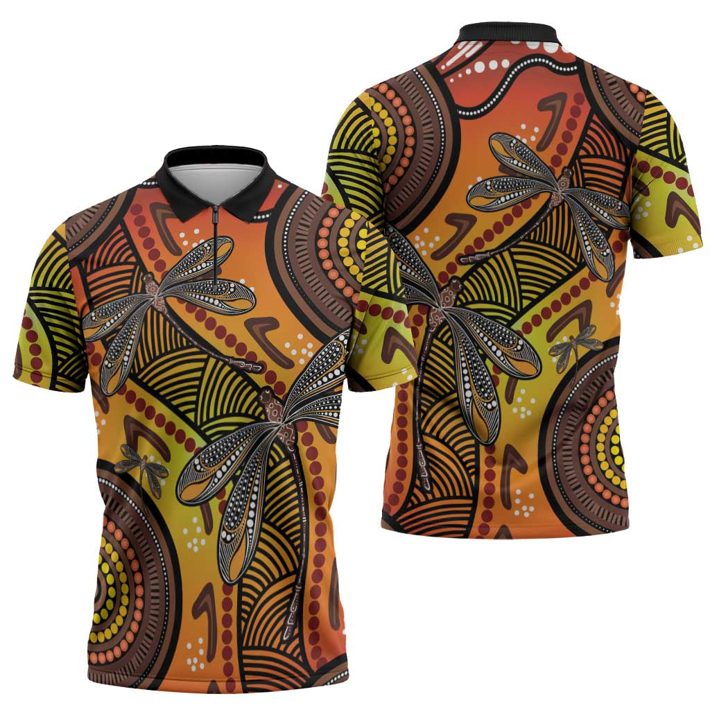 Australian Dragonfly Indigenous Art Zipper Polo Shirt