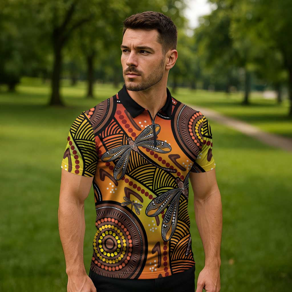 Australian Dragonfly Indigenous Art Zipper Polo Shirt