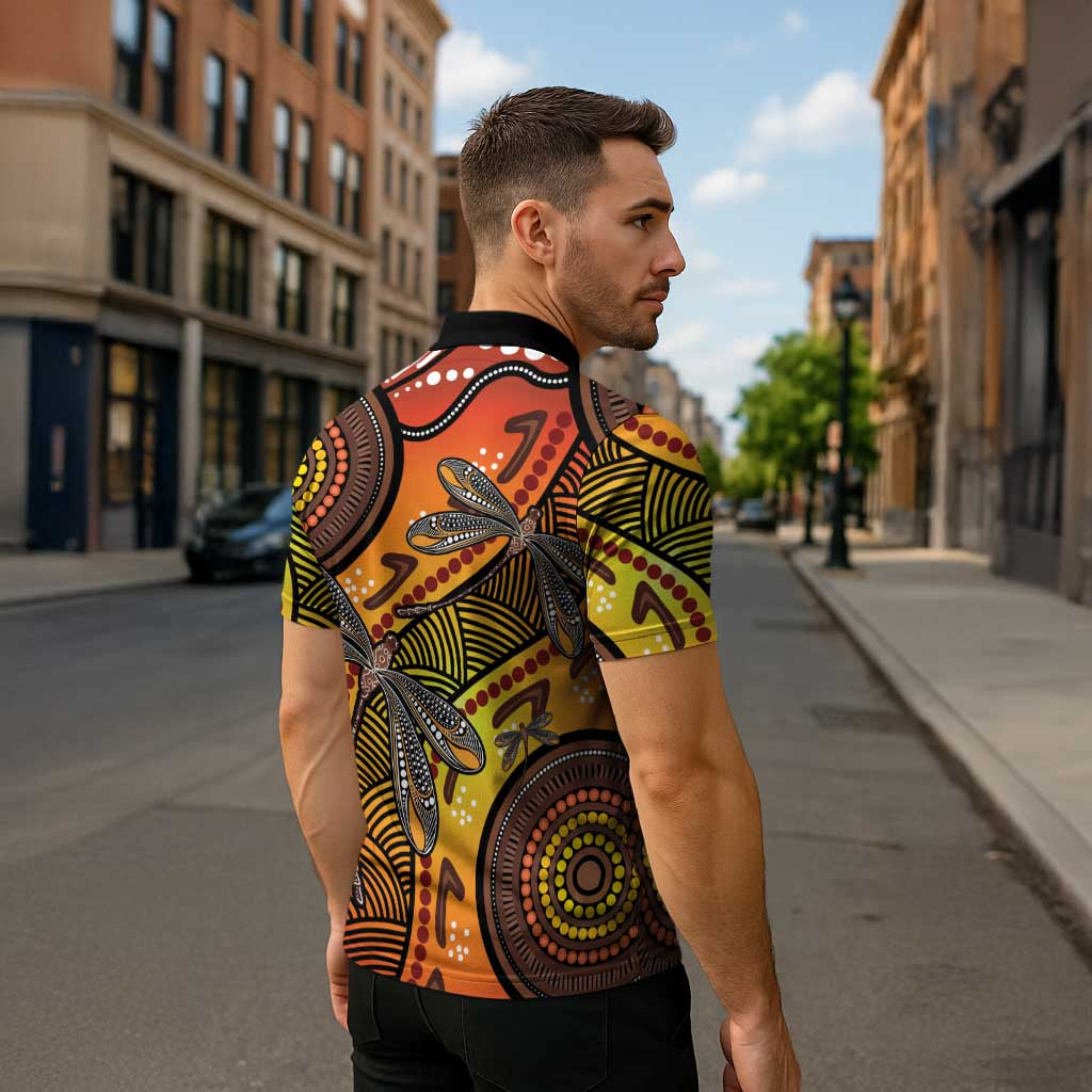 Australian Dragonfly Indigenous Art Zipper Polo Shirt