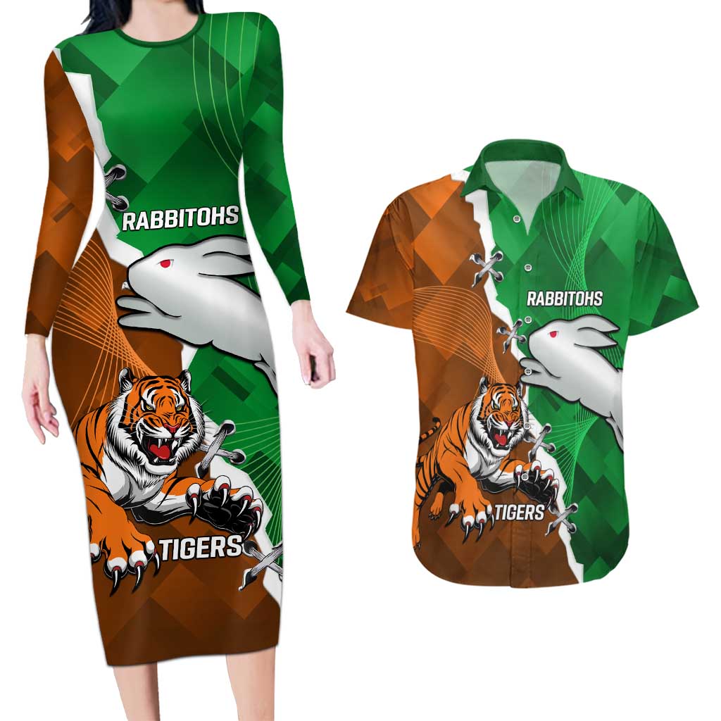 Custom Rabbitohs And Tigers Couples Matching Long Sleeve Bodycon Dress and Hawaiian Shirt Together Dynamic Style
