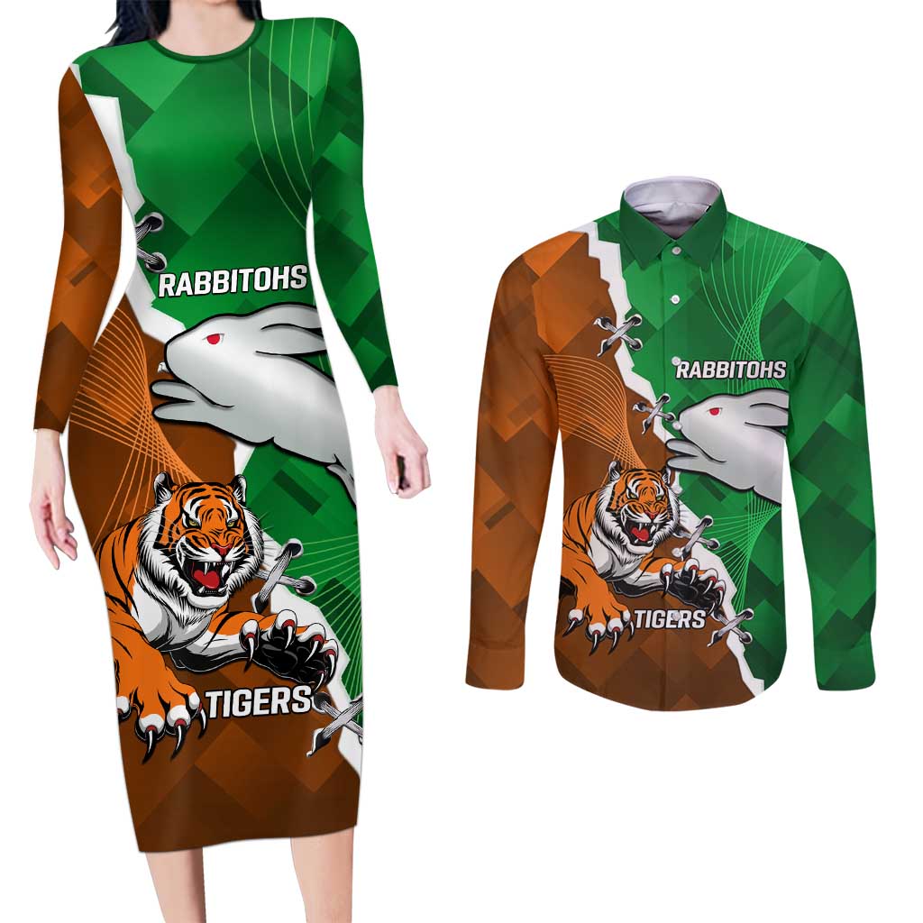 Custom Rabbitohs And Tigers Couples Matching Long Sleeve Bodycon Dress and Long Sleeve Button Shirt Together Dynamic Style