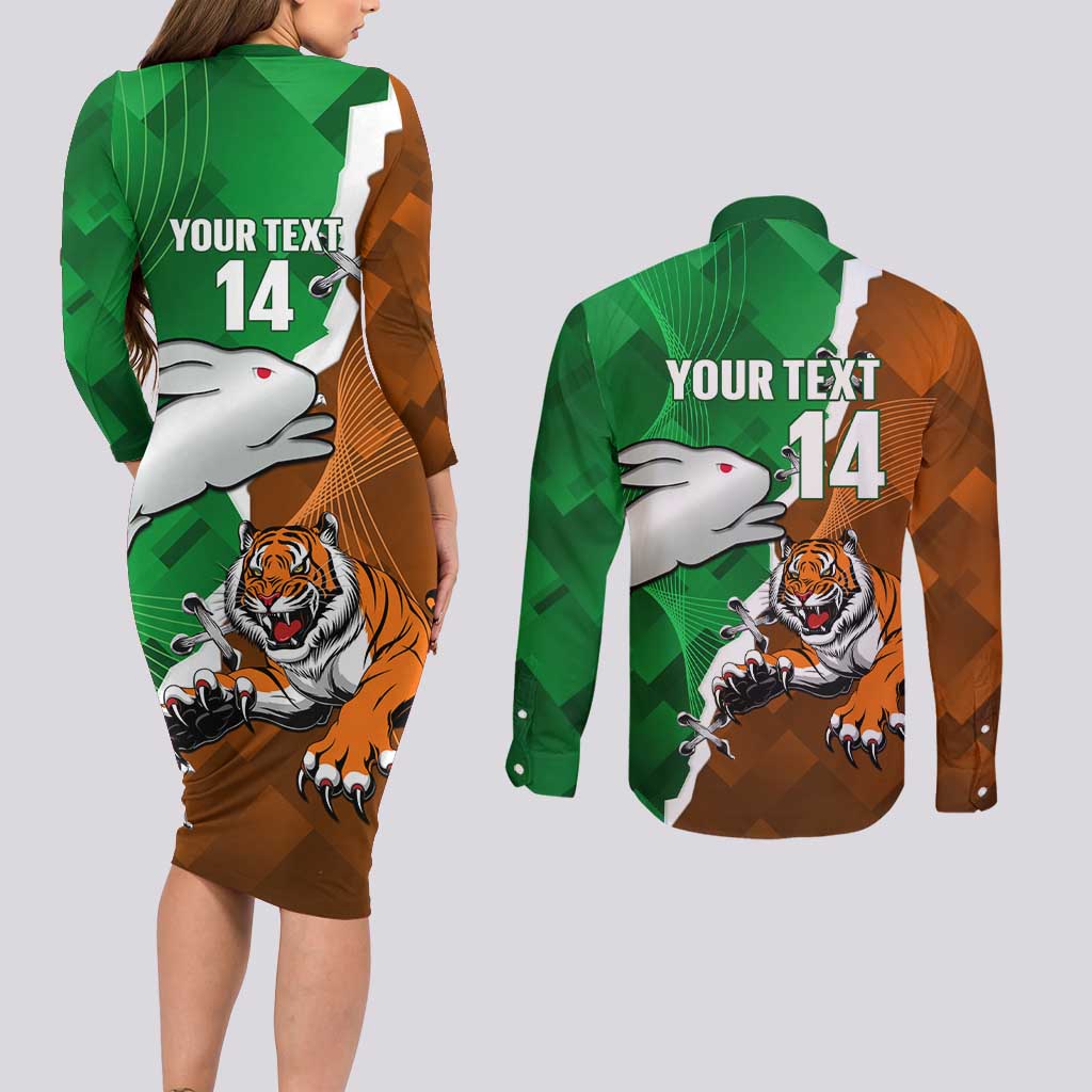 Custom Rabbitohs And Tigers Couples Matching Long Sleeve Bodycon Dress and Long Sleeve Button Shirt Together Dynamic Style