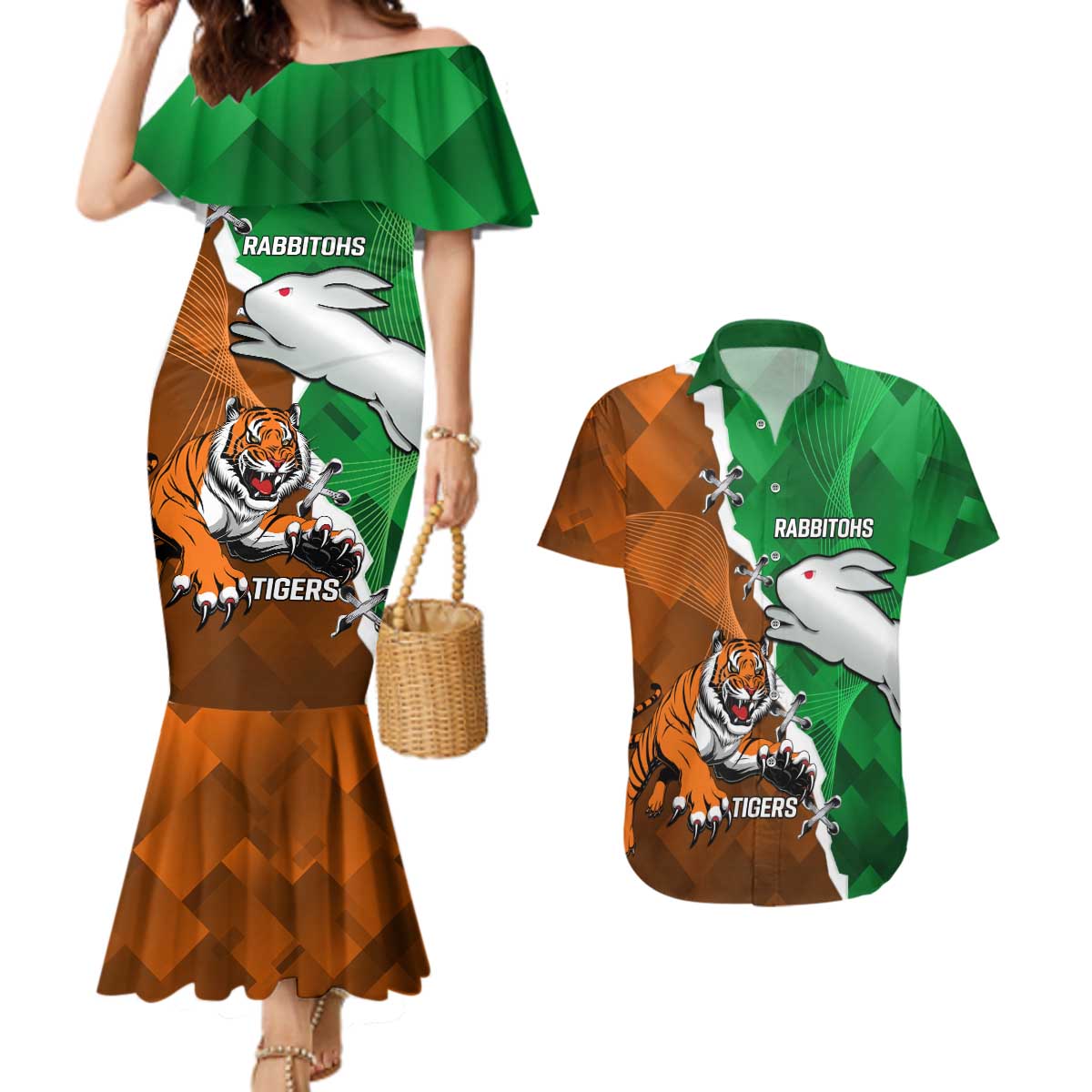 Custom Rabbitohs And Tigers Couples Matching Mermaid Dress and Hawaiian Shirt Together Dynamic Style