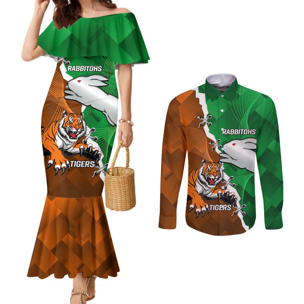 Custom Rabbitohs And Tigers Couples Matching Mermaid Dress and Long Sleeve Button Shirt Together Dynamic Style