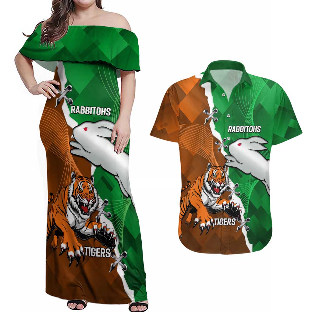 Custom Rabbitohs And Tigers Couples Matching Off Shoulder Maxi Dress and Hawaiian Shirt Together Dynamic Style