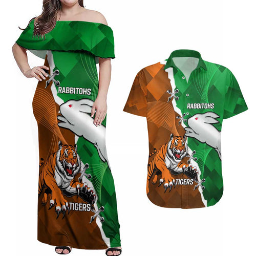 Custom Rabbitohs And Tigers Couples Matching Off Shoulder Maxi Dress and Hawaiian Shirt Together Dynamic Style