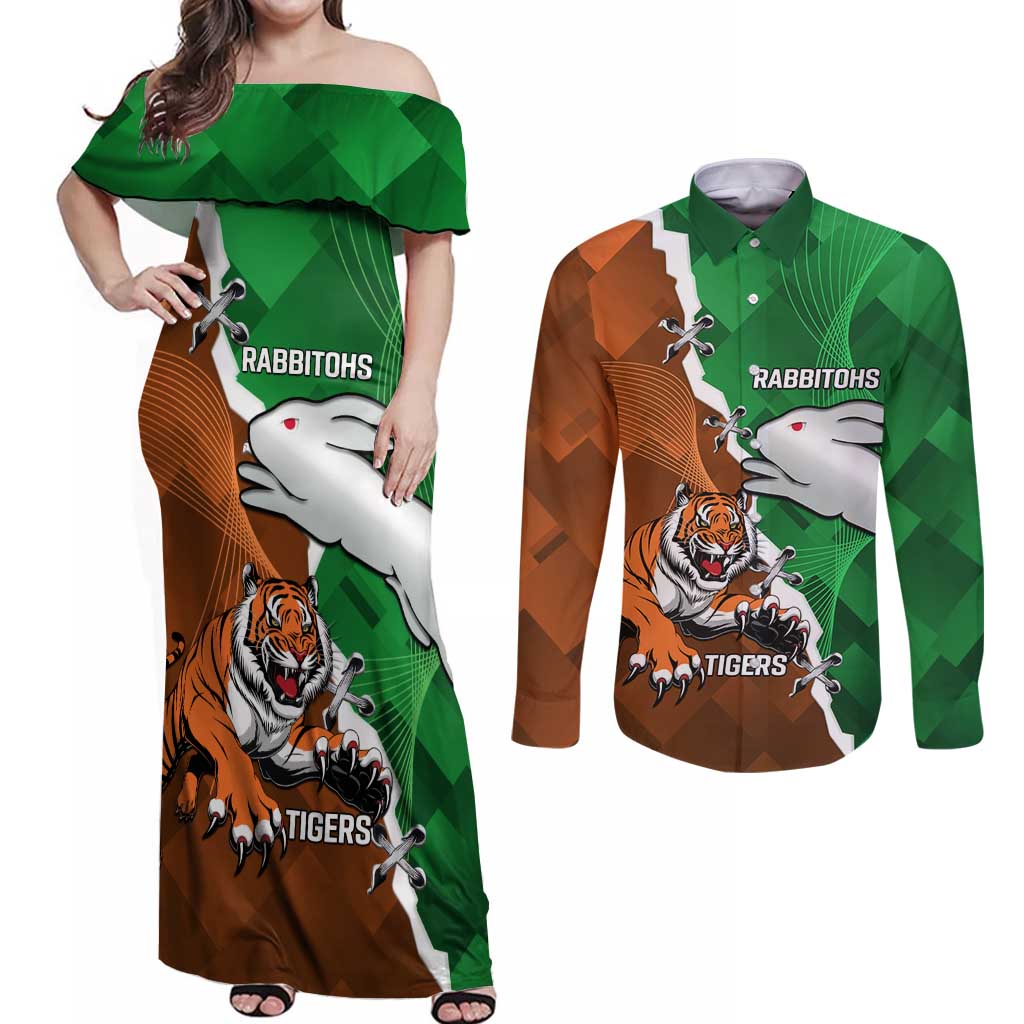 Custom Rabbitohs And Tigers Couples Matching Off Shoulder Maxi Dress and Long Sleeve Button Shirt Together Dynamic Style