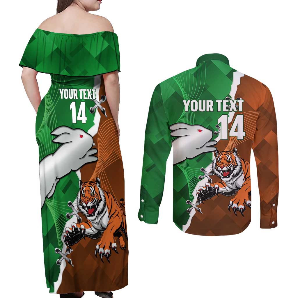 Custom Rabbitohs And Tigers Couples Matching Off Shoulder Maxi Dress and Long Sleeve Button Shirt Together Dynamic Style