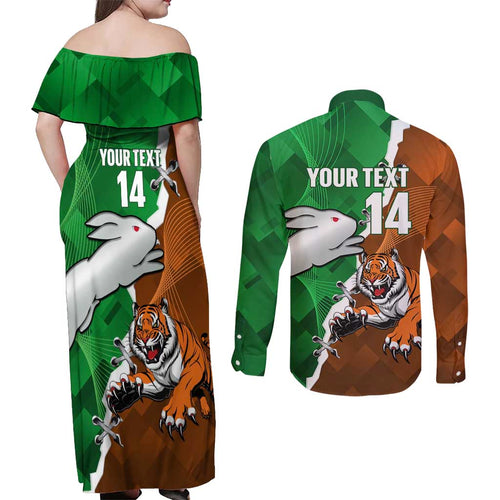 Custom Rabbitohs And Tigers Couples Matching Off Shoulder Maxi Dress and Long Sleeve Button Shirt Together Dynamic Style