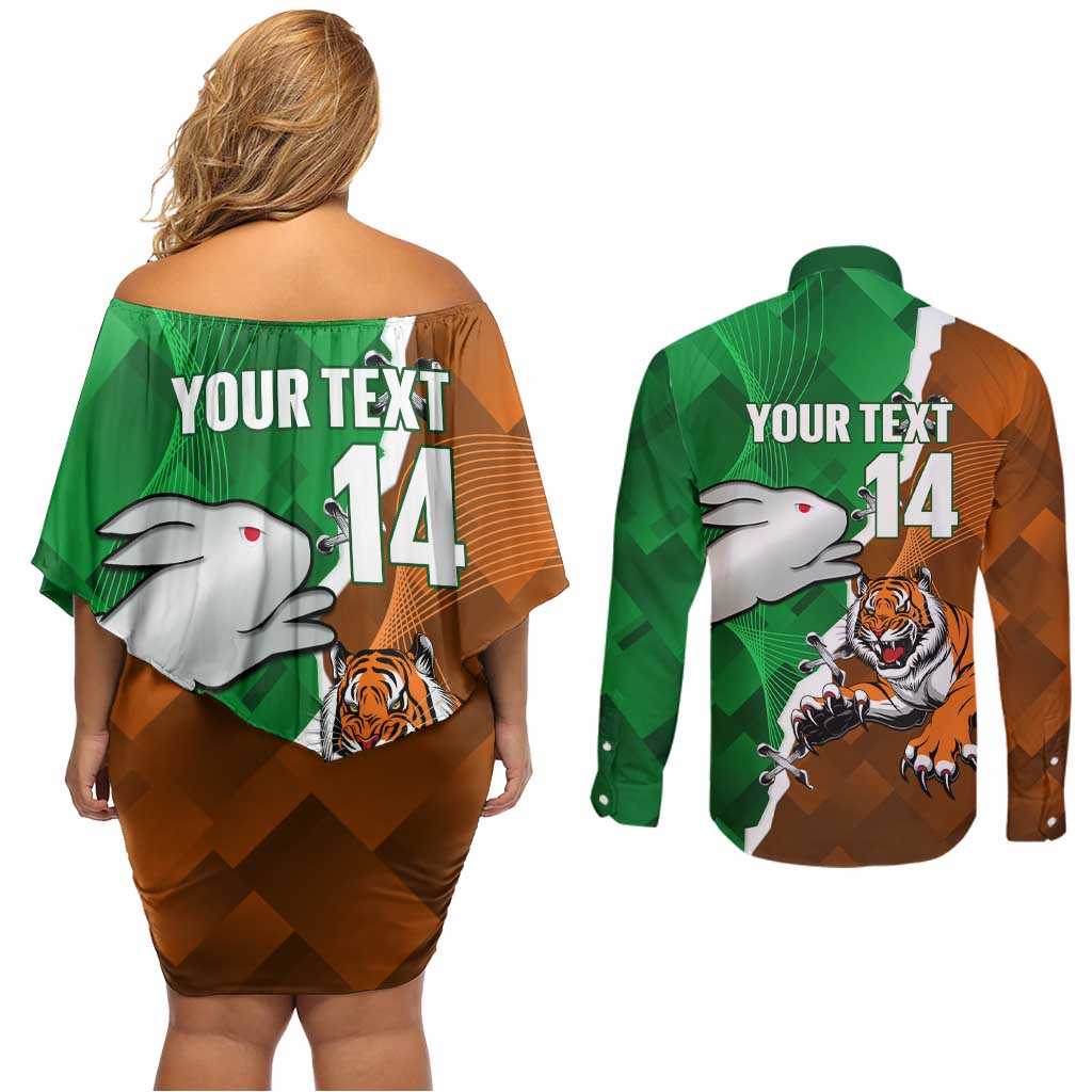 Custom Rabbitohs And Tigers Couples Matching Off Shoulder Short Dress and Long Sleeve Button Shirt Together Dynamic Style