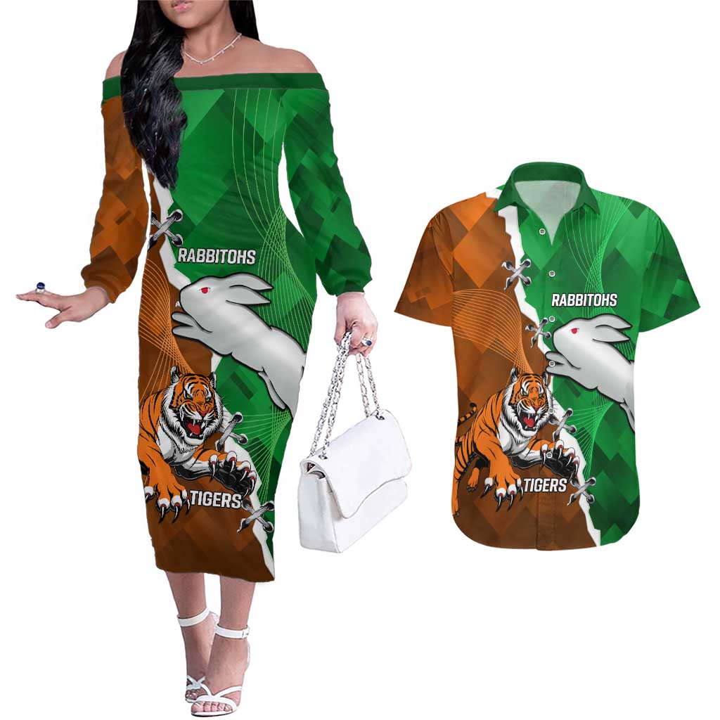 Custom Rabbitohs And Tigers Couples Matching Off The Shoulder Long Sleeve Dress and Hawaiian Shirt Together Dynamic Style