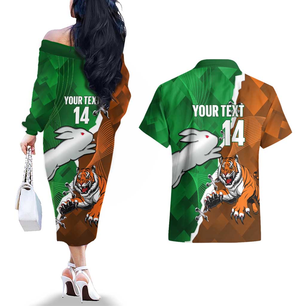 Custom Rabbitohs And Tigers Couples Matching Off The Shoulder Long Sleeve Dress and Hawaiian Shirt Together Dynamic Style