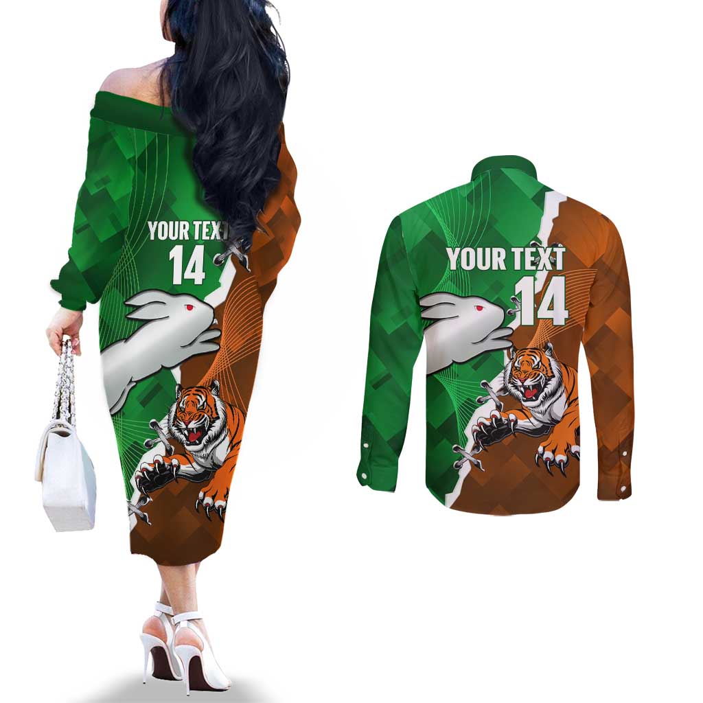 Custom Rabbitohs And Tigers Couples Matching Off The Shoulder Long Sleeve Dress and Long Sleeve Button Shirt Together Dynamic Style