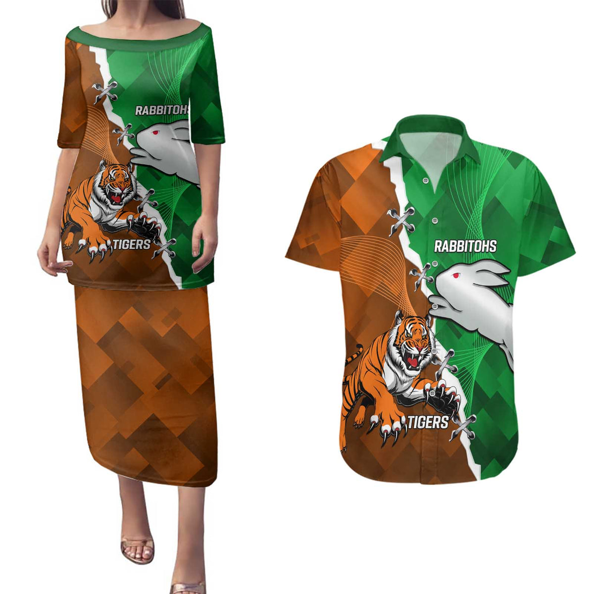 Custom Rabbitohs And Tigers Couples Matching Puletasi and Hawaiian Shirt Together Dynamic Style