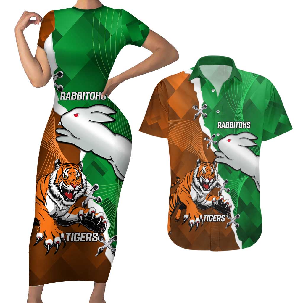 Custom Rabbitohs And Tigers Couples Matching Short Sleeve Bodycon Dress and Hawaiian Shirt Together Dynamic Style
