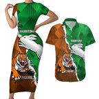 Custom Rabbitohs And Tigers Couples Matching Short Sleeve Bodycon Dress and Hawaiian Shirt Together Dynamic Style