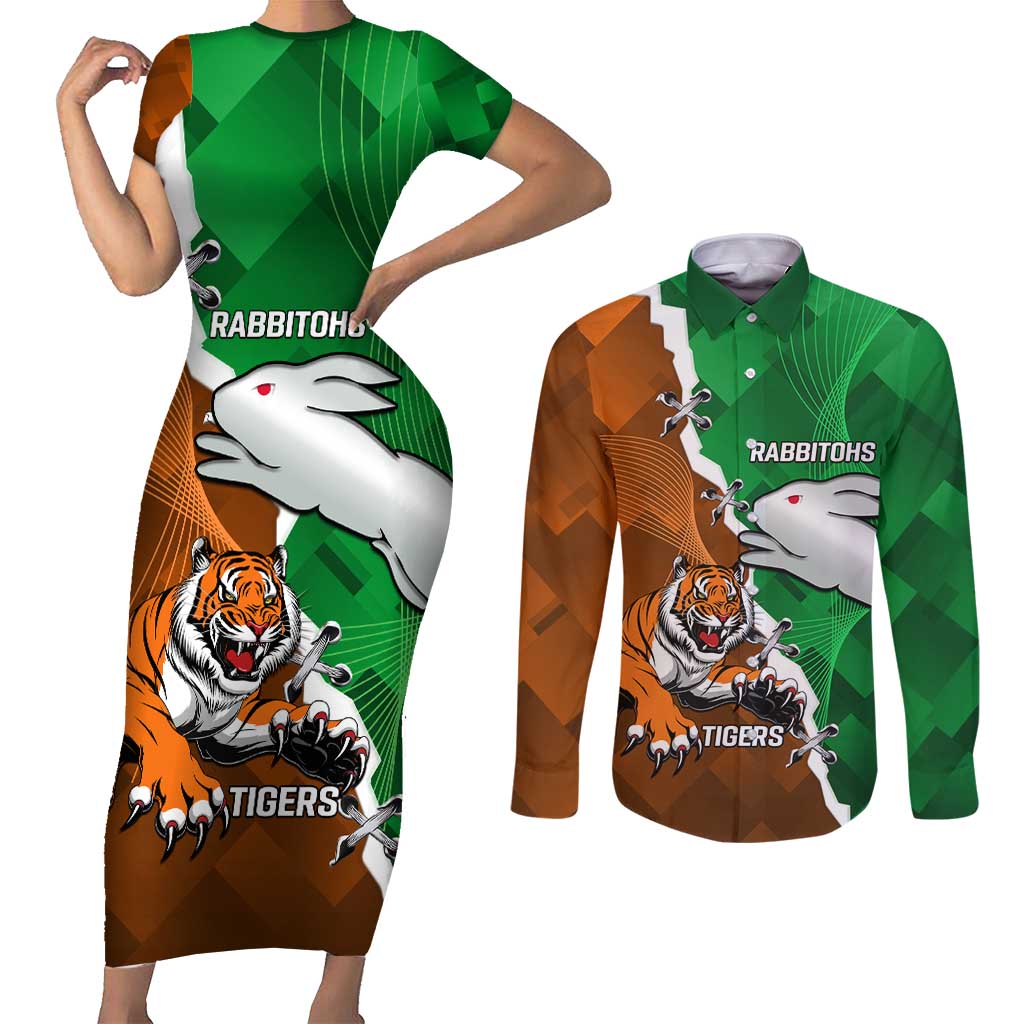 Custom Rabbitohs And Tigers Couples Matching Short Sleeve Bodycon Dress and Long Sleeve Button Shirt Together Dynamic Style