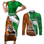 Custom Rabbitohs And Tigers Couples Matching Short Sleeve Bodycon Dress and Long Sleeve Button Shirt Together Dynamic Style