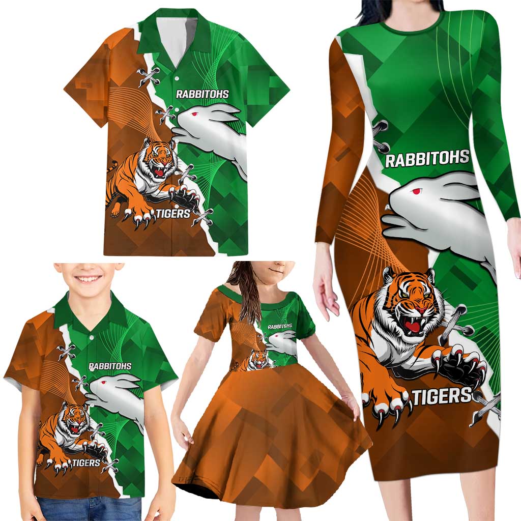 Custom Rabbitohs And Tigers Family Matching Long Sleeve Bodycon Dress and Hawaiian Shirt Together Dynamic Style