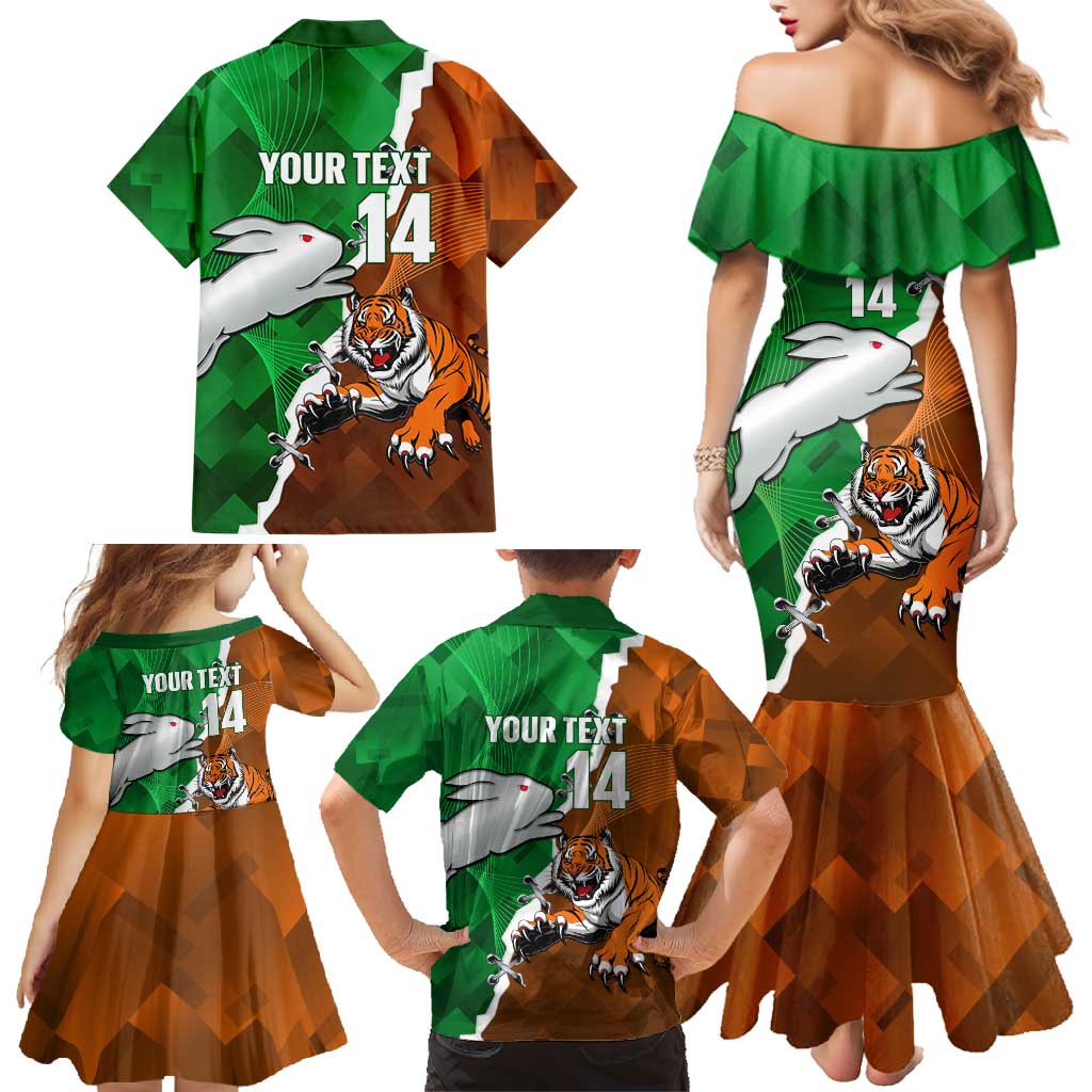Custom Rabbitohs And Tigers Family Matching Mermaid Dress and Hawaiian Shirt Together Dynamic Style