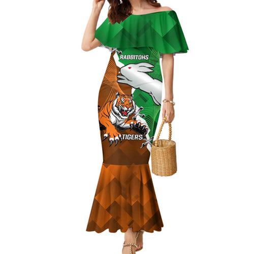 Custom Rabbitohs And Tigers Family Matching Mermaid Dress and Hawaiian Shirt Together Dynamic Style