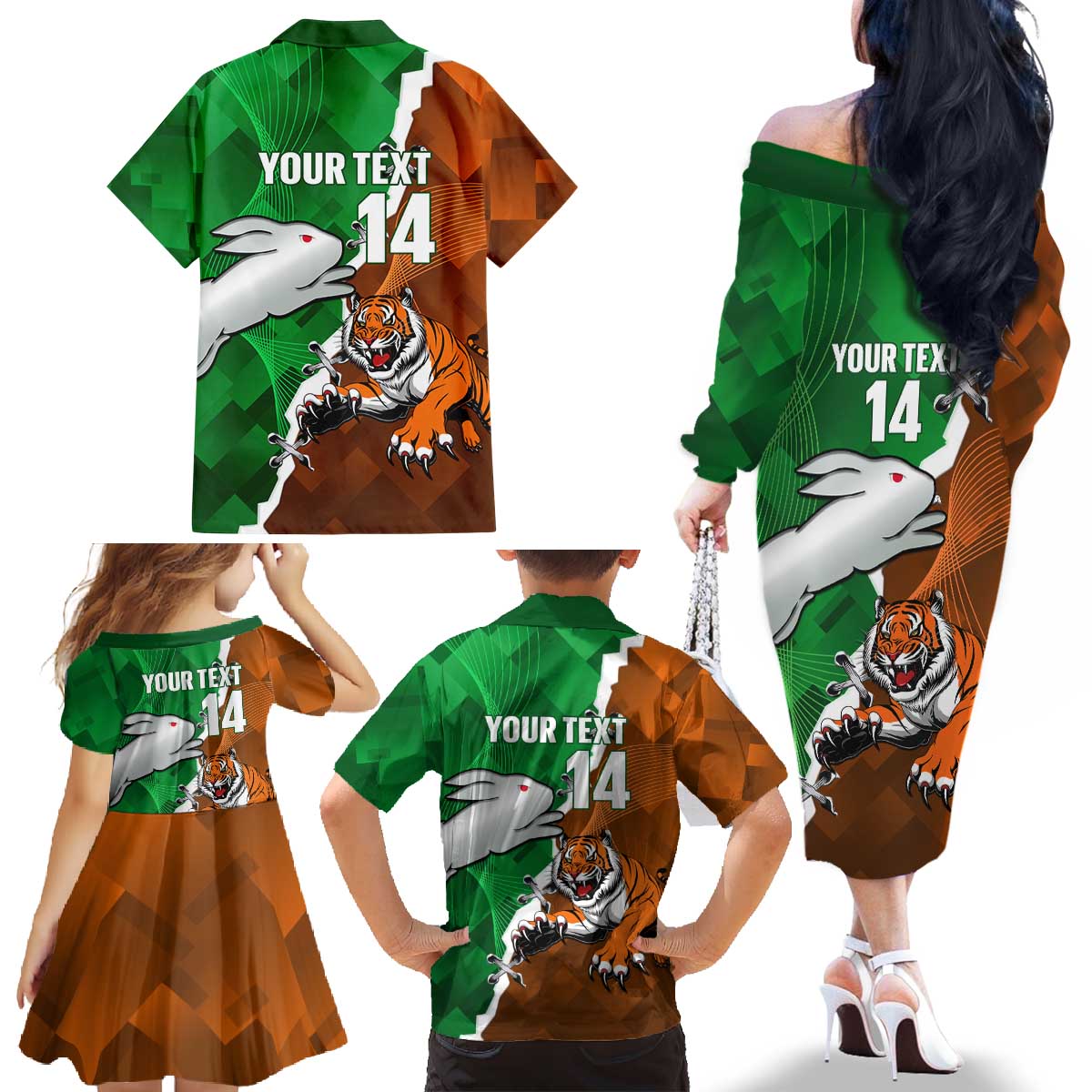 Custom Rabbitohs And Tigers Family Matching Off The Shoulder Long Sleeve Dress and Hawaiian Shirt Together Dynamic Style