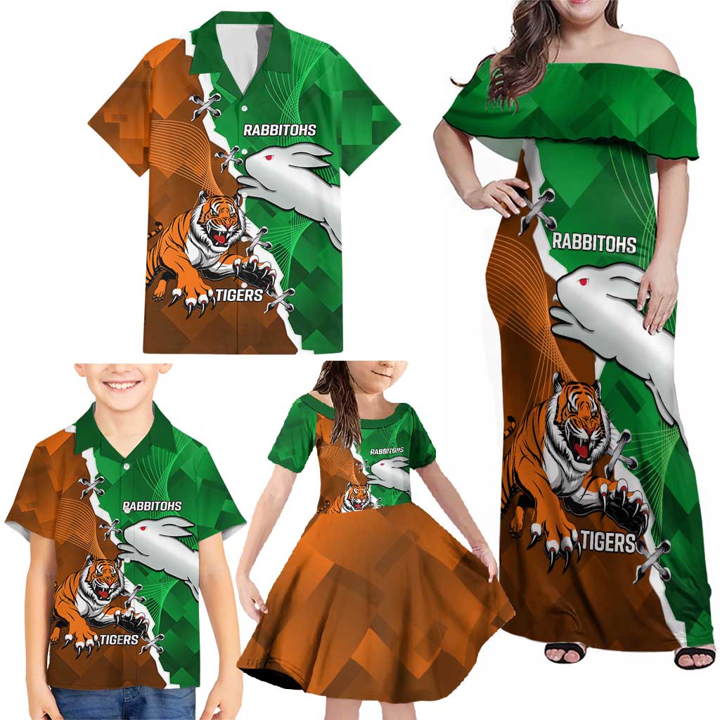 Custom Rabbitohs And Tigers Family Matching Off Shoulder Maxi Dress and Hawaiian Shirt Together Dynamic Style