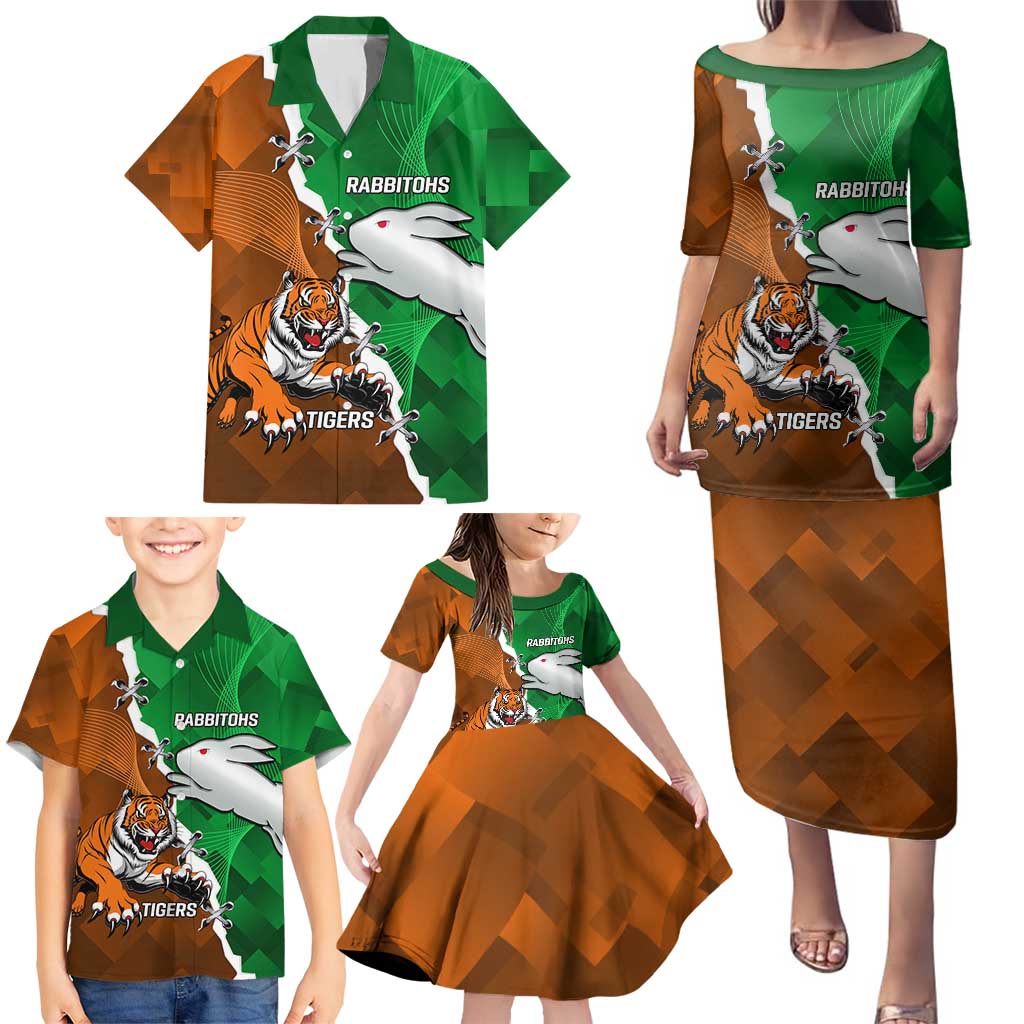 Custom Rabbitohs And Tigers Family Matching Puletasi and Hawaiian Shirt Together Dynamic Style