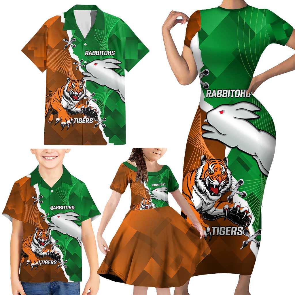 Custom Rabbitohs And Tigers Family Matching Short Sleeve Bodycon Dress and Hawaiian Shirt Together Dynamic Style