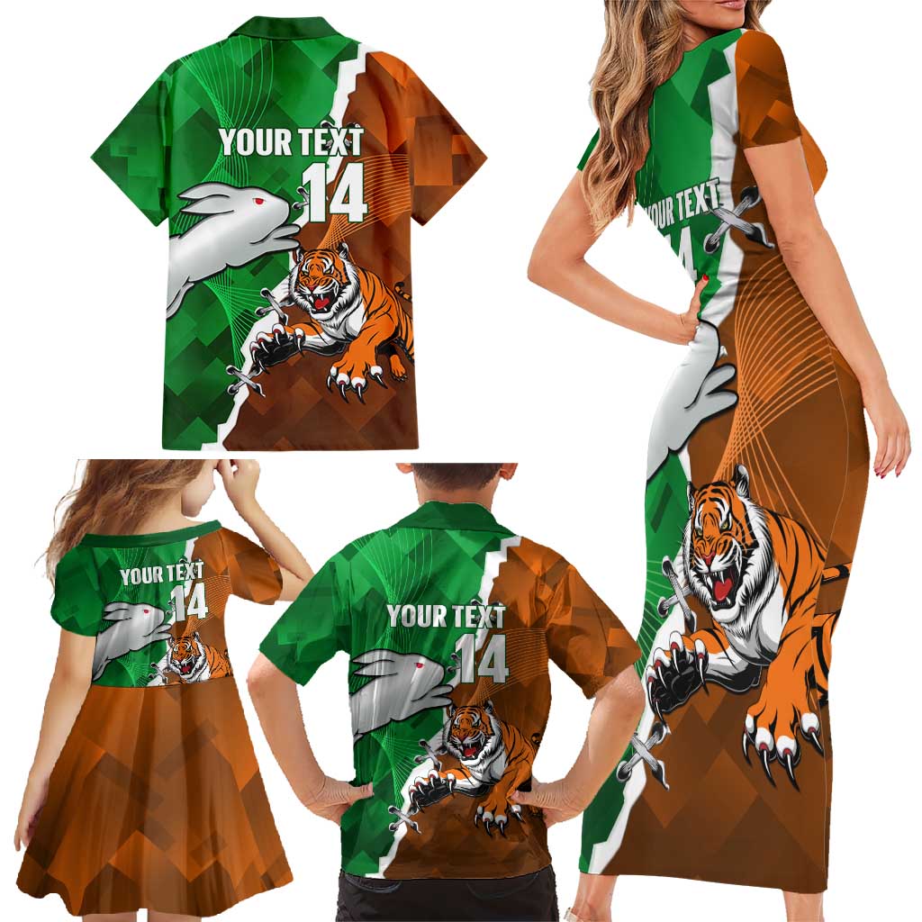 Custom Rabbitohs And Tigers Family Matching Short Sleeve Bodycon Dress and Hawaiian Shirt Together Dynamic Style