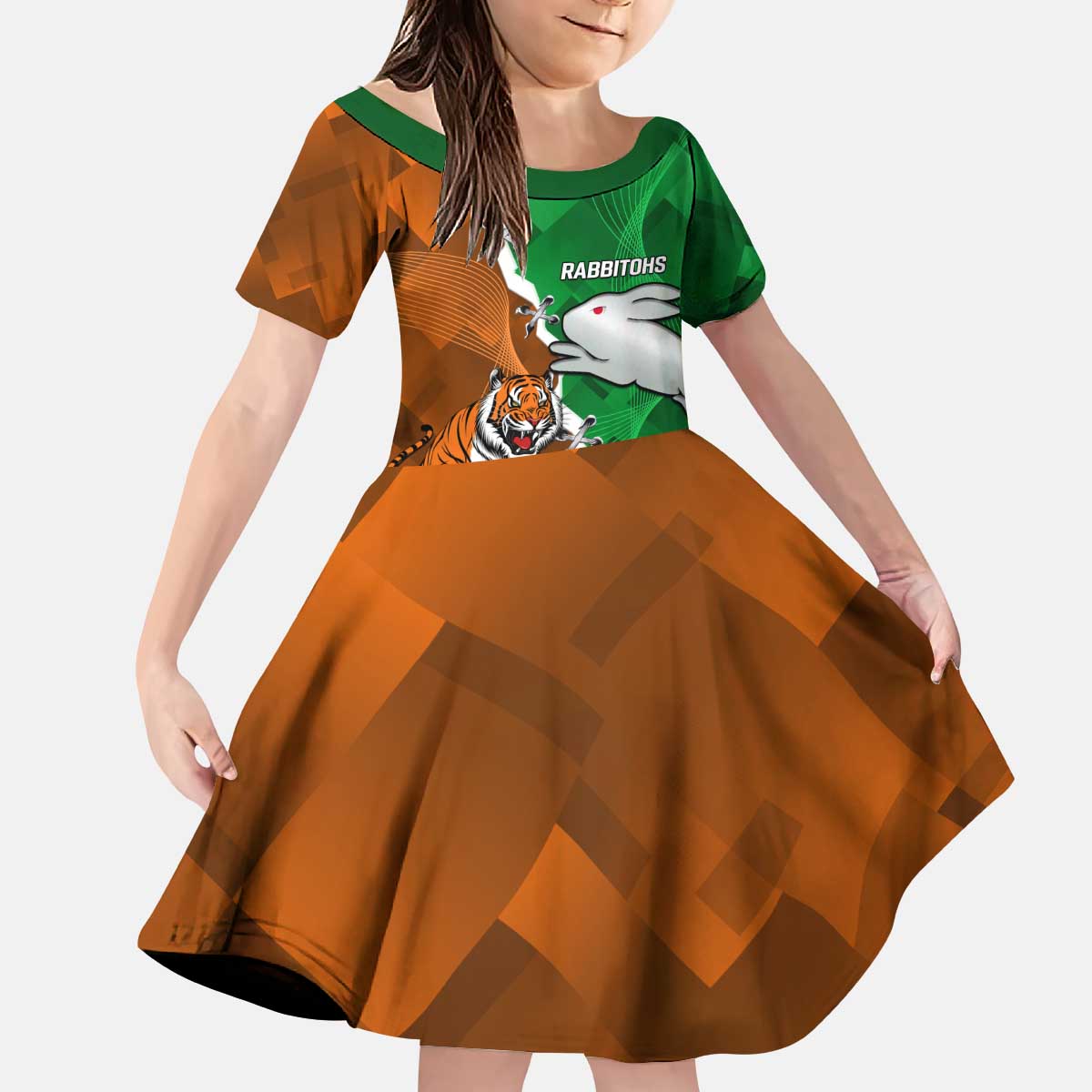 Custom Rabbitohs And Tigers Kid Short Sleeve Dress Together Dynamic Style