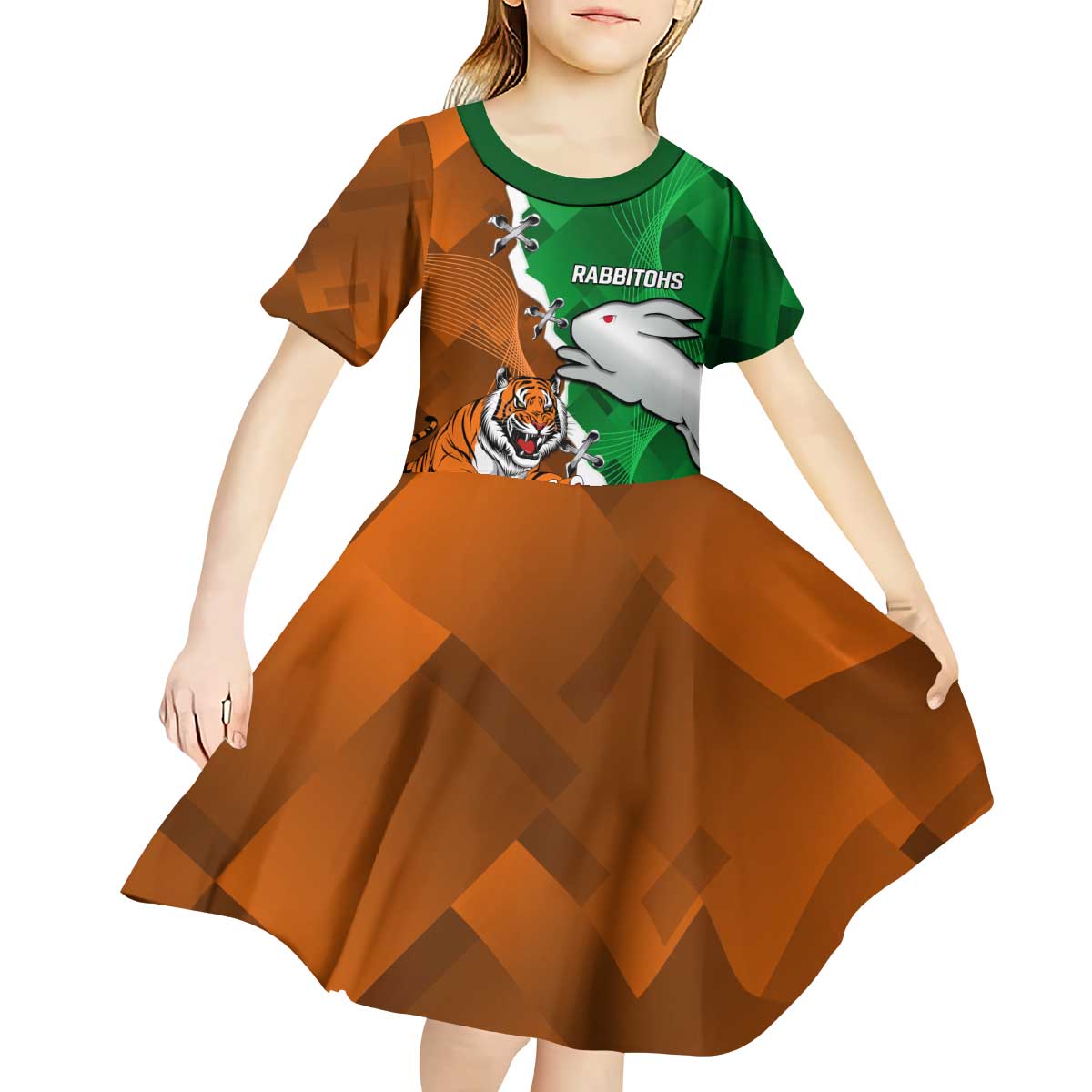 Custom Rabbitohs And Tigers Kid Short Sleeve Dress Together Dynamic Style
