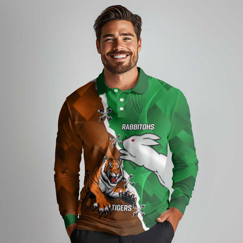 Custom Rabbitohs And Tigers Long Sleeve Polo Shirt Together Dynamic Style