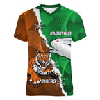 Custom Rabbitohs And Tigers Women V-Neck T-Shirt Together Dynamic Style