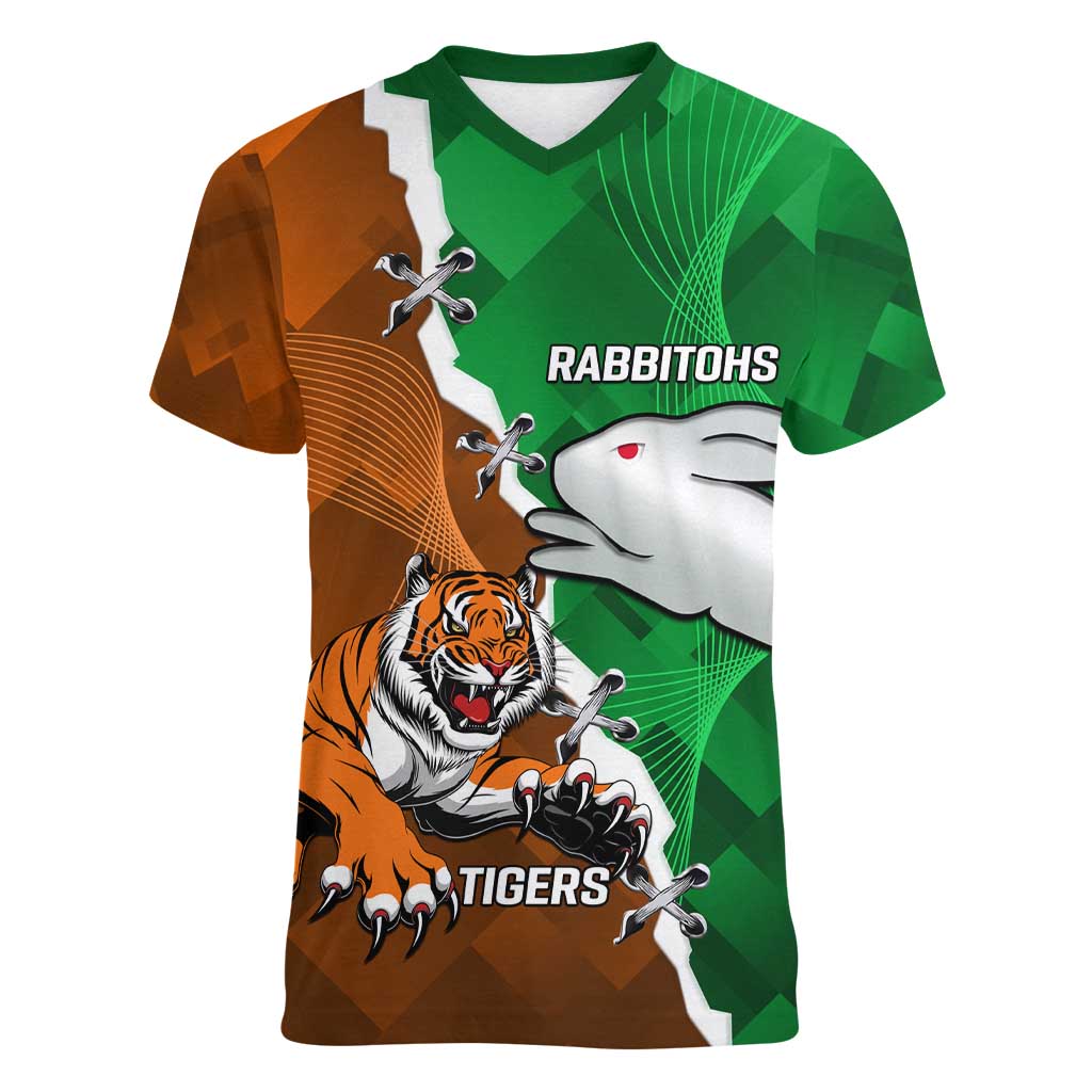 Custom Rabbitohs And Tigers Women V-Neck T-Shirt Together Dynamic Style